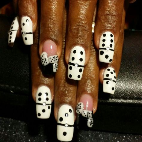 Domino Nail Art, Las Vegas Nail Designs Ideas, Dice Nails Design, Jester Nails, Harlequin Nails, Casino Theme Nails, Poker Nails Design, Domino Nails, White Fingernails