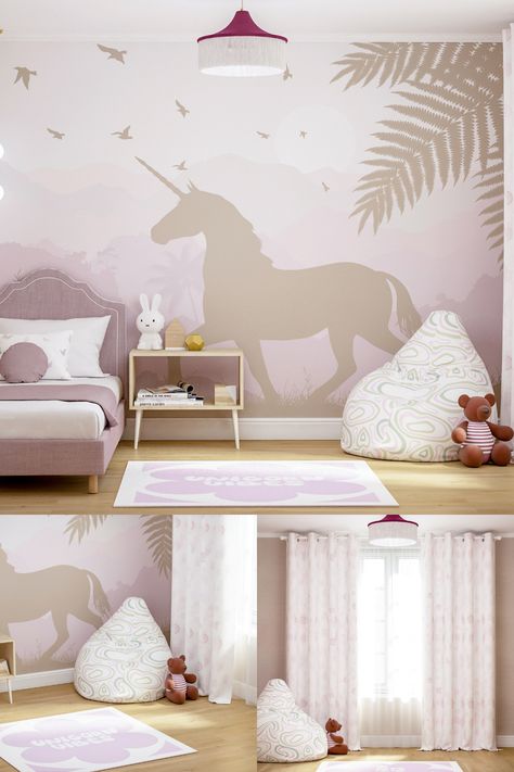 Unicorn Wallpaper Girl Nursery / Pastel Grey Pink Mountains Wallpaper Mural Peel Stick Kids / Soft Beige Lilac Wall Paper Toddler Bedroom WE OFFER 2 TYPES OF MATERIAL: ☛ Easy install Vlies / Non-Woven wallpaper ☛ Self-adhesive Peel and Stick Wallpaper. Subtle Unicorn Bedroom, Unicorn Mural Girls Bedroom, Pink Mountains Wallpaper, Unicorn Mural, Girls Room Unicorn, Unicorn Themed Bedroom, Nursery Pastel, Lilac Wall, Unicorn Bedroom