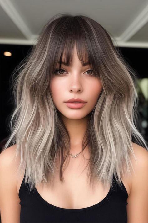 Ash Ombre Shag with Wispy Bangs, Modern Brigitte Bardot Haircut, Brigitte Bardot Layered Haircut Bardot Haircut, Ombre Hair With Bangs, Shag With Wispy Bangs, Haircut Ideas Brown Hair, Ash Ombre, Brown Hair Bangs, Shaggy Haircut, Bardot Bangs, Hair Doo