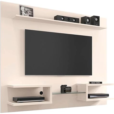 PRICES MAY VARY. Enjoy that Lasting Elegant Look with the Plaza 64. 25 Entertainment Center by Manhattan Comfort, Featuring a Gorgeous Floating Design with a Mid-Century Modern Look in an Eye-catching Off White Finish. Measures 64. 25" L in. x 11. 65" W in. x 53. 54" H in. and Weighs 90. 28 lbs. Home Assembly Required. Crafted from Durable Medium-Density Particle Board. Floating Media Theater Design with Glass Center Shelf and a Overhead Floating Shelf. Fits Up to 50-Inch TVs. Beautiful Minimali Wall Mounted Media Console, Wall Mount Tv Stand, Wall Entertainment Center, White Entertainment Center, Floating Entertainment Center, Feature Wall Design, Home Movie, Shelf Dividers, Media Furniture