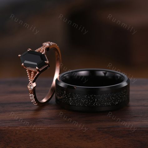 Here we have a Black Onyx Ring Set, His and Hers Wedding Band, Black Sandstone Mens Ring, Rose Gold and Tungsten Ring, Black Gemstone Couples Ring ITEM DESCRIPTION ✦ Handmade, high-quality item! ✦ Material: Sterling Silver/Tungsten ►Sold as a two-piece set ►His ring is Black Tungsten Carbide with black sandstone ►His band width: 8mm ►His tungsten ring will not turn green itself and will not cause your skin to turn green.  ►Her ring is Rose Gold Filled over 925 solid Sterling Silver.(can be made Rose Gold And Black Wedding Ring, Goth Engagement Rings Men, Dark Wedding Bands, Black Moissanite Engagement Ring, Black Diamond Ring Men, Wedding Band Black, Neck Pieces Jewelry, Couples Ring, Cute Engagement Rings