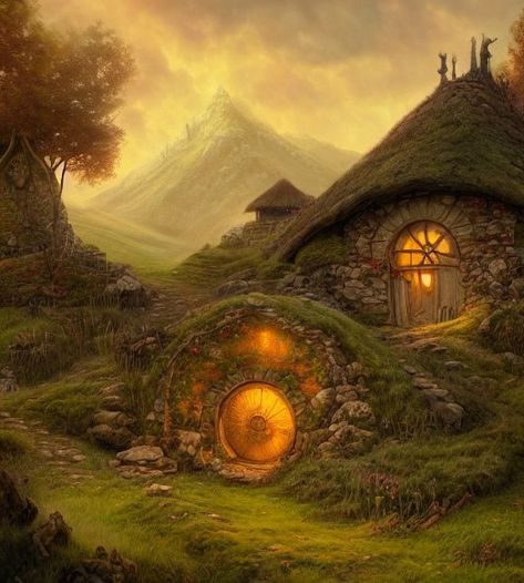 The Shire Landscape, Shire Landscape, Hobbit Landscape, The Shire Art, Store Concept Art, Fantasy Cottage Art, Hobbit Pictures, Casa Hobbit, Fantasy Cottage