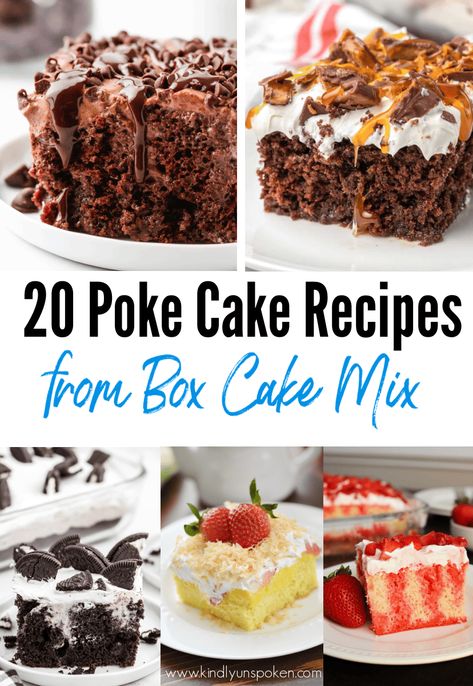 You'll love these 20 Easy Poke Cake Recipes made with simple boxed cake mixes. These poke cakes are delicious, easy, and perfect for parties! Easy Cake Recipes From Box Cake Mixes, New Years Poke Cake, Thanksgiving Poke Cake Recipes, Boxed Cake Desserts, Yellow Cake Poke Cake Recipes, Vanilla Poke Cake Recipes, Yellow Poke Cake Recipes, Mounds Poke Cake, Yellow Poke Cake