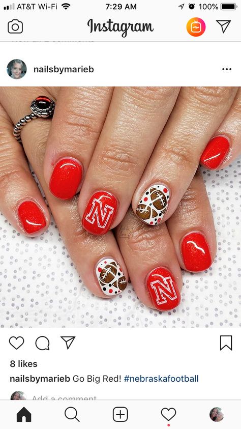 Nebraska Nails Designs, Nebraska Husker Nails, Husker Nails Designs, Nebraska Nails, Osu Nails, Husker Nails, Football Nail Designs, Nebraska Cornhuskers Football, Football Nails