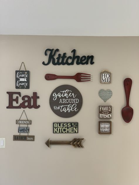 Kitchen Wall Collage Ideas, Bare Wall In Kitchen Ideas, Rustic Kitchen Wall Decor Ideas, Wall Collage Kitchen, Kitchen Wall Decor Ideas Hobby Lobby, Diy Kitchen Decor Wall Art, Kitchen Decorating Ideas Wall, Kitchen Wall Decor Ideas Simple, Kitchen Wall Decor Ideas Modern