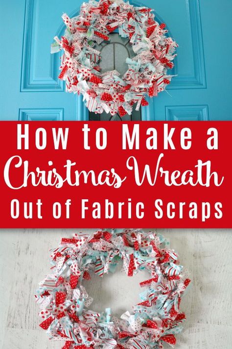 No Sew Christmas Wreath, Fabric Scrap Wreath Diy, Tied Fabric Wreath, Fabric Wreaths Diy No Sew Christmas, Easy To Make Christmas Wreaths, Fabric Wreath Christmas, Diy Cheap Christmas Wreath, Material Wreaths Scrap Fabric, Christmas Fabric Wreaths Diy