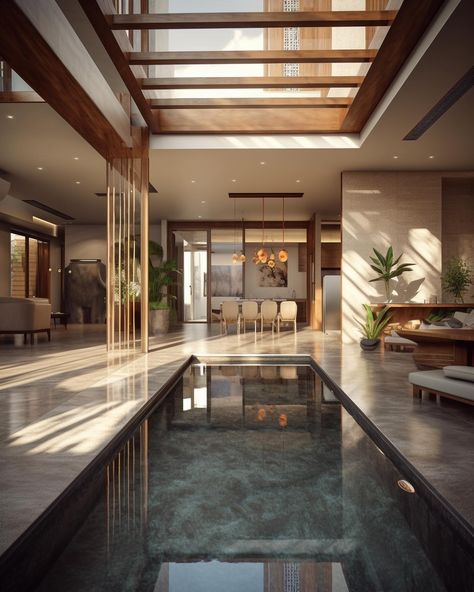 Home design concepts with indoor Infinity pools✨🤍 We design luxury spaces for clients worldwide, find out more on our website, link in bio! #interiordesign #interior Pool Interior Design Luxury, Luxury Swimming Pools Indoor, Living Room Pool, Balcony Luxury, Outdoor Pool House, Staircase Interior, Bio Pool, Staircase Interior Design, Indoor Balcony