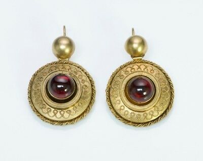 Antique Victorian Etruscan Revival 14K yellow gold and red garnet earrings with hooks. Intricate "rope"design in gold-work. Weight: 12.3 Grams. Red And Gold Earrings, Victorian Gold Earrings, Medieval Earrings, Old Earrings, Etruscan Jewelry, Antique Jewelry Victorian, Red Garnet Earrings, Victorian Earrings, Antique Turquoise