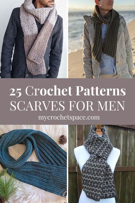 25 Crochet Men's Scarf Patterns - My Crochet Space Mens Scarf Crochet Pattern Free, Lightweight Crochet Scarf, Men Scarf Crochet Pattern, Mens Scarf Knitting Pattern, Hooded Cowl Crochet Pattern, Crochet Infinity Scarf Free Pattern, Men Scarf Pattern, Mens Crochet Beanie, Crochet Space