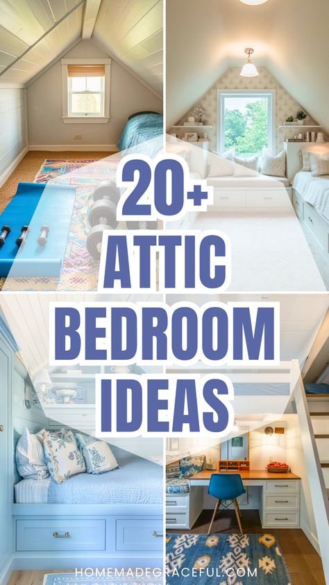 Transform an attic into a cozy haven with these stylish ideas. From sloped ceilings to loft-inspired designs, discover how to create a dream room that balances aesthetic and functionality. Use clever storage solutions, like built-in wardrobes, and add soft lighting for a warm ambiance. Whether for a girl or boy, these ideas work perfectly in small spaces or big cottages with slanted walls. Farmhouse Bedroom Slanted Ceiling, How To Design A Room With Slanted Walls, Small Bedroom Angled Ceilings, Beautiful Attic Bedrooms, Turning A Bonus Room Into A Bedroom, Bonus Room Slanted Walls, Hanging Clothes Sloped Ceiling, Lofted Ceiling Bedroom, Small Bedroom Slanted Walls