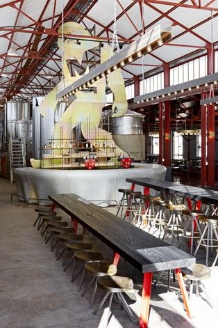 Brewery Design Interior, Brewery Bar Design, Brewery Furniture, Haldane Martin, Brewery Interior Design, Herringbone Floor Pattern, Best Restaurant Design, Brewery Interior, Brewery Bar