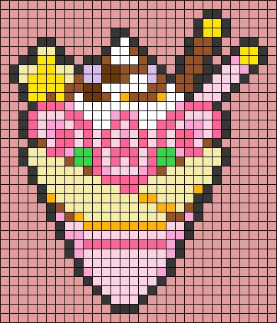 Pixel Art Pattern Cinnamon Roll, Peach Alpha Pattern, Strawberry Pixel Grid, Crochet Grid Patterns Strawberry, Cupcake Pixel Art, Pixel Tattoo, Dessert Strawberry, Chocolate Crepes, Ice Cream Dessert