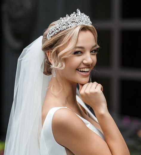 Bridal Hair Buns With Tiara, Bride Tiara With Veil, Bridal Hair Down With Veil And Tiara, Short Hair Wedding Styles With Tiara, Vail And Tiara Bridal Hair, Bridal Hair Styles With Tiara, Wedding Tiara Short Hair, Wedding Hairstyles Crown Tiaras, Bridal Hair Updo With Veil And Tiara Wedding Hairstyles