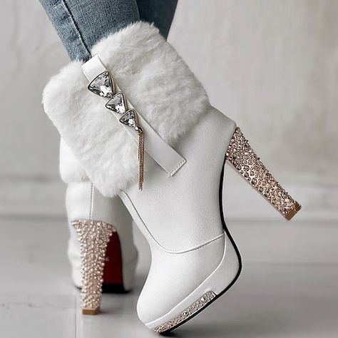 Women Heel Boots, Winter Footwear, Fuzzy Boots, Heels Elegant, White Ankle Boots, Boot Bling, Sparkle Shoes, Elegant High Heels, Embellished Heels