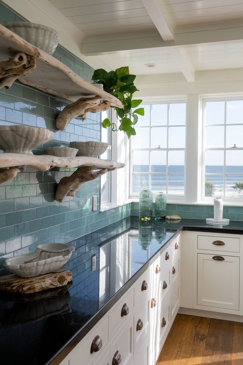 Black Coastal Kitchen, Coastal Kitchen With Dark Cabinets, Coastal Backsplash Kitchen, Coastal Countertops, Kitchens With Black Countertops, Beachy Backsplash, Coastal Kitchen Backsplash Ideas, Coastal Backsplash, Coastal Kitchen Backsplash