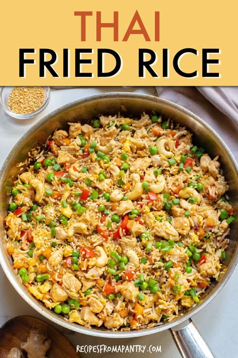 All you need is 15 minutes and a handful of pantry ingredients to make delicious authentic Thai fried rice. A quick meal that's super customizable by simply swapping spices, using seafood, different meat or make it vegetarian. With this easy chicken Thai fried rice recipe, you can skip the takeout and save money without sacrificing any of the flavor! Click through to get the Thai fried rice chicken and cashews recipe! #thaifriedrice #thaifriedricerecipe Fried Rice With Cashews, Chicken Fried Rice Sauce Recipe, Wok Fried Rice, Authentic Chicken Fried Rice, Chicken Fried Rice Recipe Chinese, Chinese Fried Rice Recipe Easy, Thai Stir Fry Recipes, Thai Curry Fried Rice Recipe, Thai Fried Rice Recipe Authentic