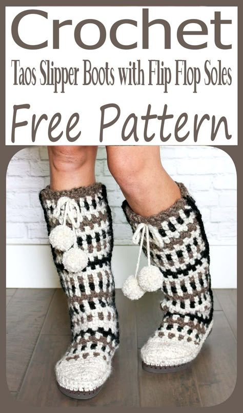 Taos Slipper Boots with Flip Flop Soles Free Crochet Boot Patterns, Crochet Boots Free Pattern Women, Slipper Crochet Patterns Free, Crochet Ruffle Socks Free Pattern, Mukluks Pattern, Crochet Boots Free Pattern, Crochet Flip Flop Pattern, Crochet Adult Slippers, Crochet Flip Flop