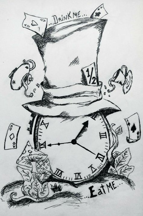 Alice And Wonderland Tattoos, Clock Drawings, Alice In Wonderland Drawings, Wonderland Tattoo, Alice And Wonderland Quotes, Disney Art Drawings, Art Drawings Sketches Creative, Drink Me, Book Art Drawings