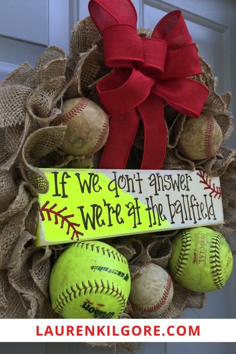 This beautiful sports wreath is perfect for the home. It is a burlap baseball softball wreath that is perfect for the front door or mantel. Our sports wreaths make great Christmas gift ideas! Softball Wreath, Home Sign With Wreath, Sports Wreath, Baseball Buckets, Game Day Quotes, Softball Crafts, Baseball Wreaths, Suffolk Va, Sports Wreaths