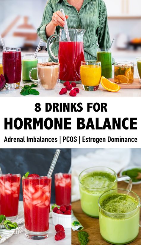 These hormone balancing drinks are an easy and delicious way to support your hormone health naturally and great to work into your hormone balancing diet. I’m sharing a variety of herbal tea blends and smoothie recipes. #hormone #hormonehealth #hormonebalancing Hormone Balancing Cocktail, Cortisol Reduction Smoothie, Juice For Hormonal Imbalance, Juicing For Hormone Balance, Adrenal Drink Recipe, Hormone Balancing Juice Recipe, Hormone Recipes, Longevity Foods, Kayla Chandler