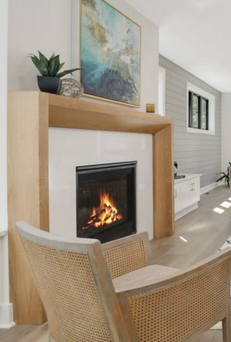 Fireplace Without Built Ins On Both Sides, Natural Wood Fireplace Surround, White Oak Fireplace Surround, Wood Framed Fireplace, Japandi Fireplace Design, Beachy Fireplace, White Oak Fireplace, Fireplace Mental, Japandi Fireplace