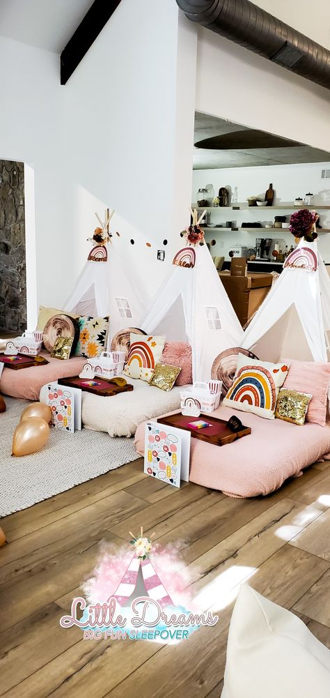 Boho rainbow teepees Tee Pee Sleepover Party, Bday Sleepover, Teepee Sleepover Party, Tent Parties, Slumber Party Ideas, Sleepover Stuff, Sleepover Beds, Sleepover Tents, Birthday Sleepover Ideas