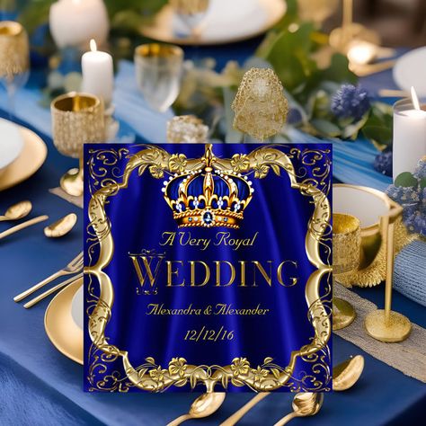 Royal Blue Navy Wedding Gold Crown 2 Invitation Royal Blue Gold Wedding Theme, Royal Blue Cream And Gold Wedding, Gold And Royal Blue Dress, Royal Blue Flowers Wedding, Navy Blue White And Gold Wedding Invitations, Wedding Royal Blue And Gold, Royal Blue And Gold Wedding Dress, Royal Blue Gold And White Wedding Decor, Royal Blue And Gold Wedding Invitations