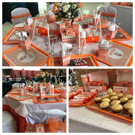 Whataburger Wedding, Senior Serve Table, Theme Dinners Ideas, What A Burger, Homecoming Decorations, Cheer Banquet, Burger Party, Dinner Theater, Kylie Birthday