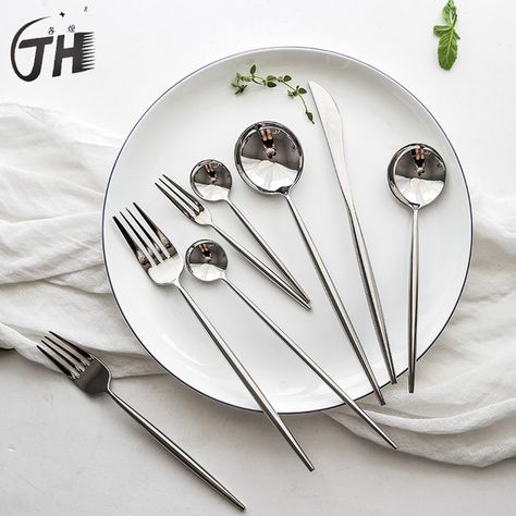 Net Red Portuguese Mirror Knife And Fork Spoon Dessert Knife And Fork Spoon Coffee Spoon Fruit Fork Stirring Spoon Household Com - Dinnerware Sets - AliExpress Cheap Dinnerware Sets, Spoon Mirror, Kitchen Essentials List, Kitchen Decor Collections, Fork Spoon Knife, Spoon Knife, Dessert Fork, Knife And Fork, Stainless Steel Cutlery