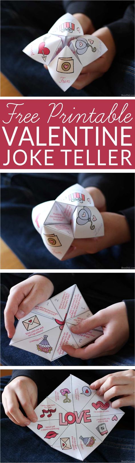 Great non-candy Valentine idea! Hilarious fortune teller (cootie catcher) filled with silly Valentine jokes. Get your free printable Valentine Joke Teller for kids parties, Valentine gifts, and lunch box presents. Easy Valentines for Kids. Valentines for Biys Valentine Jokes, Silly Valentines, Candy Valentines, Cootie Catcher, Funny Valentines Gifts, Happy Hearts Day, Kids Valentines, Valentine's Day Printables, Printable Valentine