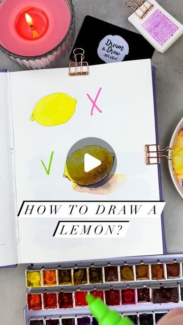 How To Draw Lemons Easy, How To Draw A Lemon, Drawing Lemons, How To Paint Lemons Acrylic, Watercolor Lemon Tutorial, Draw A Lemon, Lemons Watercolor Painting, Lemon Painting Watercolor, Lemon Drawing