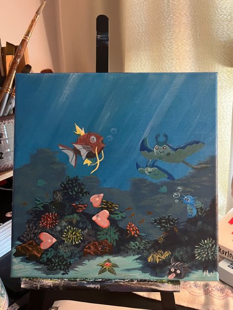 Cute Pokemon Paintings, Pokemon Painting Ideas, Nerdy Painting Ideas, Nerdy Paintings, Animal Crossing Painting Ideas On Canvas, Ghibli Acrylic Painting, Pokemon Canvas Art, Anime Painting Acrylic, Pokemon Canvas Painting