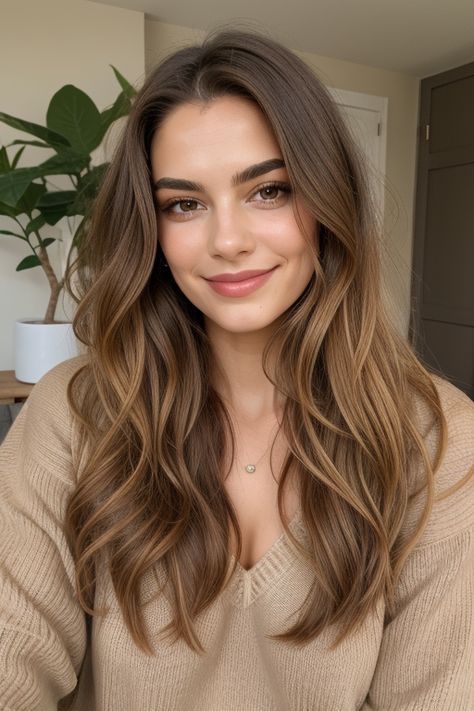 Embrace fall with bronde balayage! Discover the warm, natural tones that are trending this season #fallhaircolor #brondebalayage #autumnhair #fallhairtrends #brondehair #fallbalayage #hairinspo #brondehighlights #sunkissedhair #fallhairideas Women’s Light Brown Hair, Honey Brown Hair One Color, Perfect Length Hair, Hair Color For Honey Eyes, Natural Honey Brown Hair, Best Hair Colors For Brown Eyes, Honey Balayage On Brown Hair, Brown Eyes Hair Color Ideas, Balayage Honey Brown