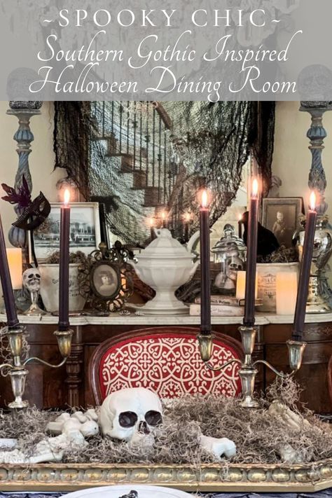 Elements and tips to create this vintage and elegant theme for Halloween! Gothic Dining Room, Large Glass Candle Holders, Halloween Dining Room, Halloween Themed Food, Cheap Halloween Decorations, Victorian Halloween, Spooky Chic, Halloween Room, Halloween Tablescape