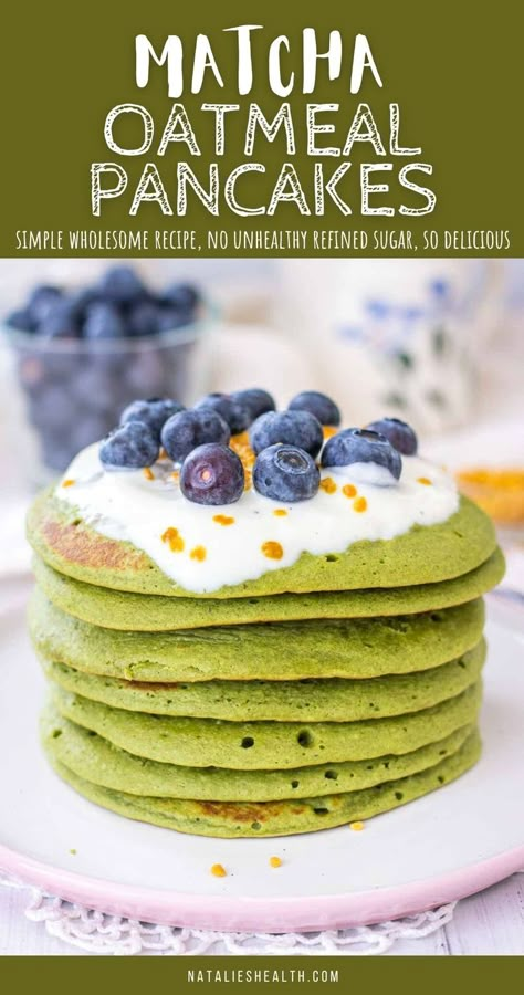 These Matcha Pancakes are such a treat. They are incredibly tasty. Soft, sweet, vanilla flavored, absolutely delicious. So easy to make too, using only a few simple ingredients. Loaded with heart-healthy oats and made without refined sugars, these matcha green tea pancakes make a perfect healthy breakfast or brunch. ----- #pancake #pancakerecipe #matcha #matchagreentea #matchapancakes #breakfast #pancakes #pancakeday #breakfasttime #healthybreakfast #healthyeating #healthyfood #recipe #recipes Vegan Matcha Pancakes, Matcha Protein Pancakes, Matcha Pancakes Aesthetic, Matcha Keto Recipes, Matcha Breakfast Recipes, Matcha Pancakes Healthy, Matcha Gluten Free, Healthy Matcha Recipe, Pancake Flavors