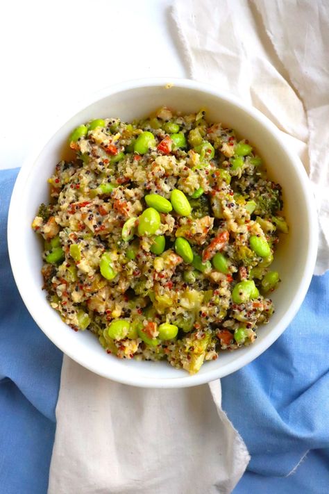 Quinoa, Edamame, and Roasted Broccoli Salad - Very Vegan Val Roasted Broccoli Salad, Quinoa Edamame, Winter Salad, Fresh Broccoli, Roasted Broccoli, Broccoli Salad, Garbanzo Beans, Frozen Vegetables, Post Surgery