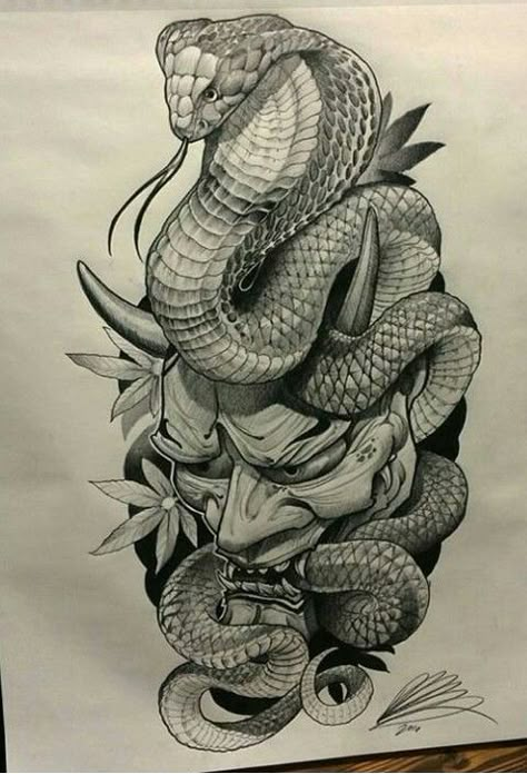 Oni Tattoo, Cobra Tattoo, Samurai Tattoo Design, Polynesian Tattoos, Kunst Tattoos, Snake Tattoo Design, Geometric Tattoos, Mask Tattoo, Asian Tattoos