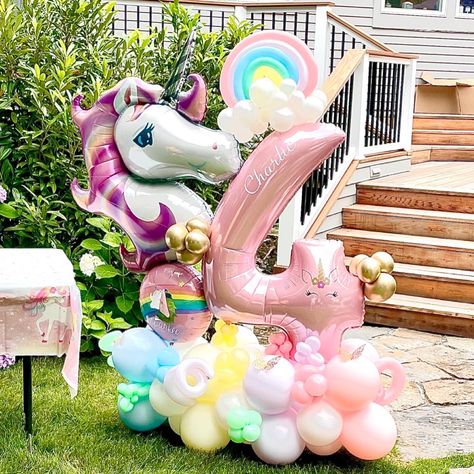 Beautiful unicorn bouquet for 4 year old Charlie Unicorn Balloons Decoration, 3rd Birthday Balloon Ideas, Rainbow Unicorn Balloon Ideas, Unicorn Birthday Balloon Decorations, Unicorn Birthday Balloons, Unicorn Balloon Bouquet, Unicorn Balloon Decorations, Unicorn Balloon Ideas, Unicorn Theme Birthday Decoration