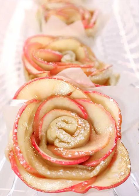 Baked Apple Roses - Love Food Feed Apple Roses Recipe, Baked Apple Roses, Apple Rose Pastry, Rose Pastry, Trending Desserts, Fall Sides, Apple Puff Pastry, Apple Rose, Jam Tarts