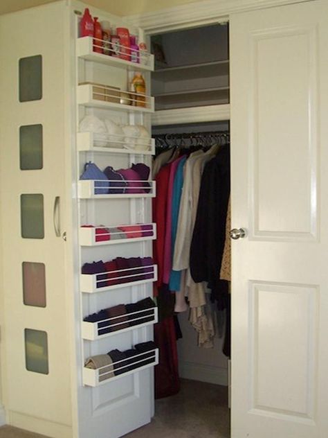 Organization ideas - Add shelving to the back of your closet door for extra storage, 20 Closet Organization Tips & Tricks. Back Of Closet Door Storage, Back Door Organization, Shelves On Doors Storage Ideas, Extra Wardrobe Storage Ideas, Back Of Closet Door Storage Ideas, Clever Wardrobe Ideas, Built In Wardrobe Storage Ideas, Back Of The Door Storage, Extra Small Closet Ideas