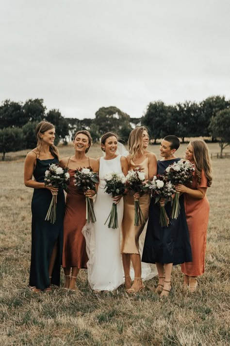 Fall Wedding Bridesmaids, Brown Bridesmaid Dresses, Rust Bridesmaid Dress, Rusting Wedding, Fall Bridesmaids, Fall Bridesmaid Dresses, Satin Bridesmaid Dress, Bridesmaid Colors, Mismatched Bridesmaids