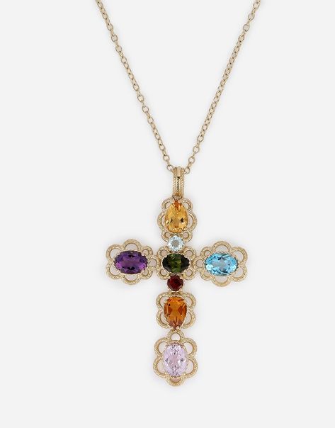 18 kt yellow gold cross pendant with multicolor fine gemstones Dolce Gabbana Jewelry, Night Mood, Light Blue Colour, The Bling Ring, Yellow Gemstones, Jewelry Sale, Gold Cross Pendant, Dolce E Gabbana, Amethyst Quartz