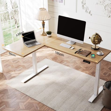 FLEXISPOT E1L Dual Motor L-Shaped Electric Standing Desk, 63x40/71x48 Inches Stand Up Desk, Adjustable Desk, Home Office Table, Corner Desk with Splice Board (White Frame + Maple Top, 180x120cm) Adjustable Desk Home Office, Cleaning Ceilings, Wfh Office, Lift Desk, Work Setup, Electric Desk, Desk Frame, Home Office Table, Electric Standing Desk