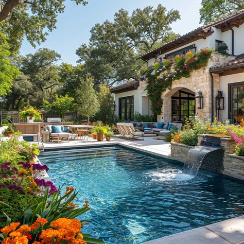 19+ Chic Pool Landscaping Designs to Elevate Your Outdoor Space • 333+ Images • [ArtFacade] Mediterranean Pool Landscape, Spanish Style Pool, Farmhouse Swimming Pool, Mediterranean Pool Design, French Colonial Homes, Tropical Pool Landscaping, Pool Landscaping Ideas, California Pools, Spanish Hacienda