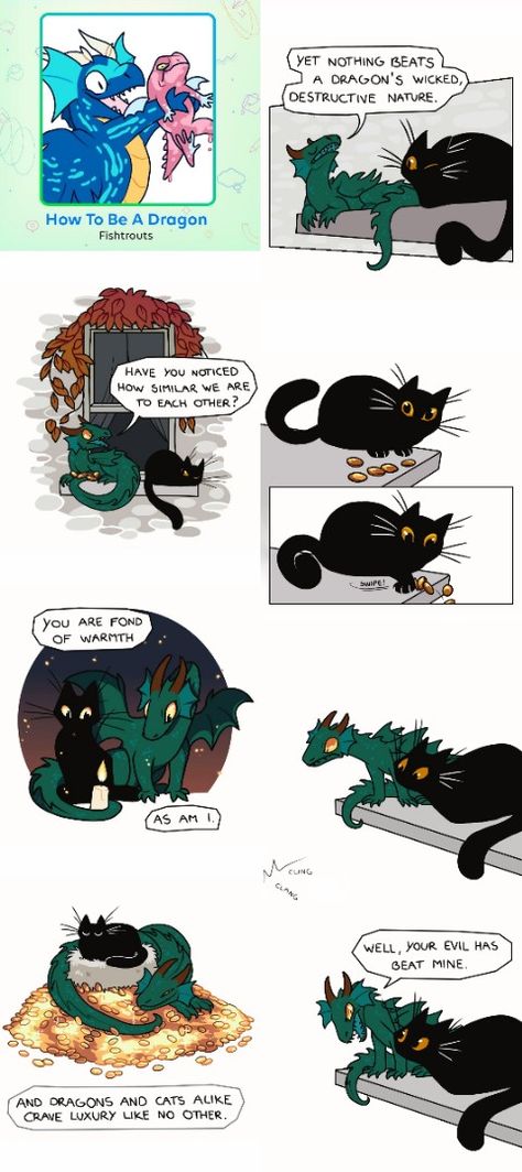 Dragon vs cat How To Be A Dragon comic by Fishtrouts Funny Dragon Comics, Cat Dragon Hybrid, Black Cat Comics, Cat Dragon, Dragon Funny, Types Of Dragons, Dragon Stuff, Dragon Cat, Cats Tumblr