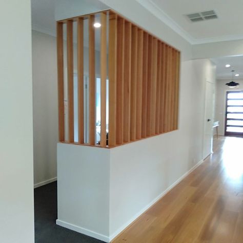 Batten Room Divider, Mid Century Half Wall, Nook Off Kitchen, Half Wall Room Divider, Vertical Slats Wall, Wooden Partition Design, Modern Room Divider, Small Living Room Layout, Timber Slats