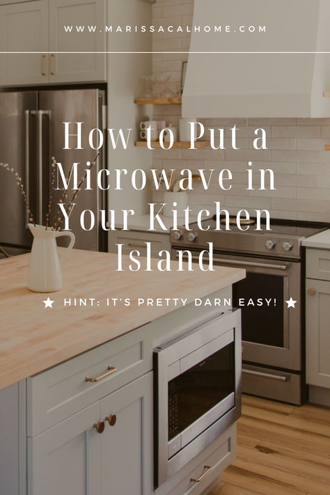 The kitchen island is probably THE best place to put a microwave, and a countertop model with a trim kit is the way to go. Why? It comes down to three main reasons: counter space, cost, and ease of installation. I’ll show you the best way to get your built-in island microwave, and if you don’t have a kitchen island, don’t worry, this can work for lower cabinets too. I’d much rather a pretty vent hood be the focal point! I’ve DIY’ed this three times in my own kitchens. Read on to learn how! Diy Kitchen Island With Microwave, Farmhouse Kitchen Island With Microwave, Microwave Beside Stove, Microwave Under Island, Microwaves In Islands, Where To Put Microwave In Kitchen Countertops, Microwave In Lower Cabinet Built Ins, Microwave In Island Ideas, Island Microwave Ideas