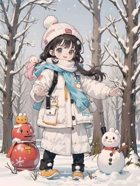 Cute Winter Drawings Kawaii, Cute Anime Print Winter Hoodie, Winter Anime Wallpaper Snow, Winter Anime Illustration, Kawaii Winter Sweater With Cartoon Print, Anime Winter, Anchor Bolt, Winter Outfits Cold, Winter Girls