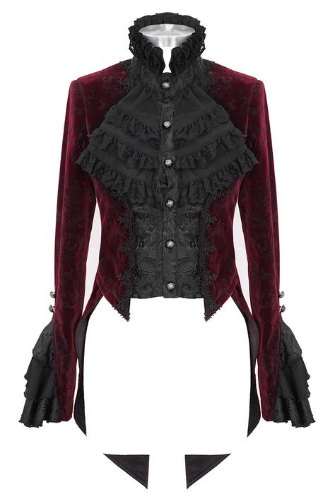 Red Shirt Outfit Women, Victorian Tuxedo, Victorian Chemise, Gothic Inspired Fashion, Red Shirt Outfit, Red Velvet Jacket, Gothic Coat, Lightning Thief, Red Gothic