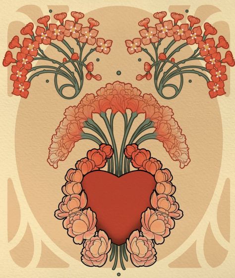 Flower Arch Tattoo, Strawberry Art Nouveau, Art Nouveau Flower Tattoo, Neo Traditional Art, Nouveau Flowers, Alphonse Mucha Art, Nouveau Illustration, Strawberry Art, Mucha Art